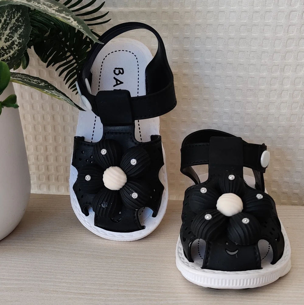 Baby Girls 3d Flower Black Closed Toe Ankle Strap Sandals Toddler 8.5